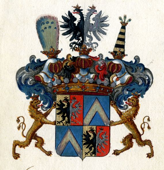 Wappen der Grafen von Brühl aus dem Grafendiplom, 1737 (Österreichisches Staatsarchiv Wien)